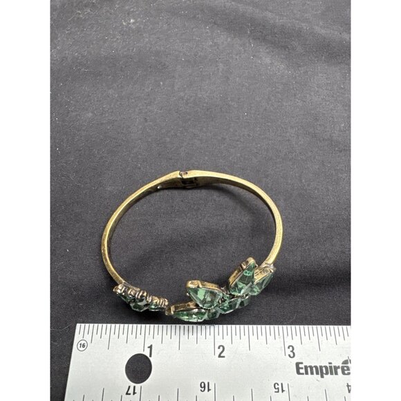 Vintage Gold Copper-Tone Hinged Cuff Bracelet With Large Green Gemstone Floral D - Picture 8 of 9